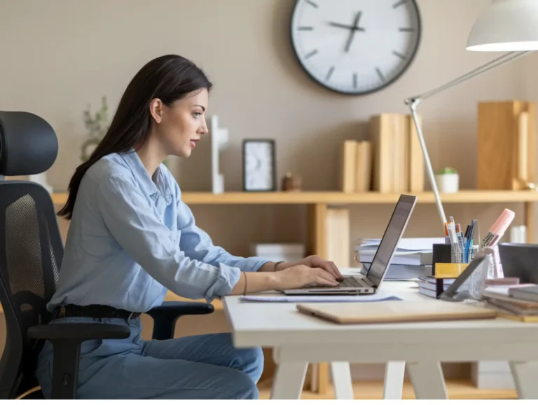 A focused woman with long dark hair works at her laptop in a well-organized home office, with a wall clock and desk lamp visible in the background, demonstrating concentrated productivity in a comfortable workspace setting. - stay productive when overwhelmed